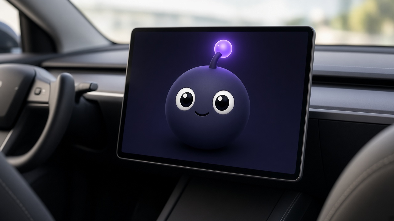 Goonie on a Tesla center touchscreen inside the cabin